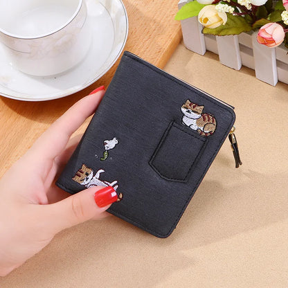 2023 New Women Cat Embroidered Wallet 2 Folding Purse for Girls Mini Hasp Coin Wallet Purse Female Designer Lady Sweet Money Bag