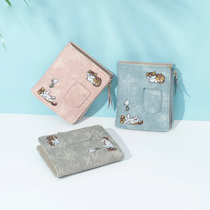 2023 New Women Cat Embroidered Wallet 2 Folding Purse for Girls Mini Hasp Coin Wallet Purse Female Designer Lady Sweet Money Bag
