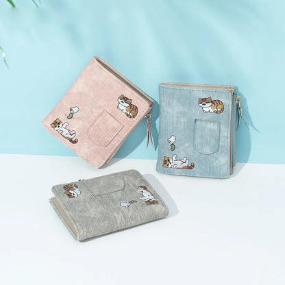 2023 New Women Cat Embroidered Wallet 2 Folding Purse for Girls Mini Hasp Coin Wallet Purse Female Designer Lady Sweet Money Bag
