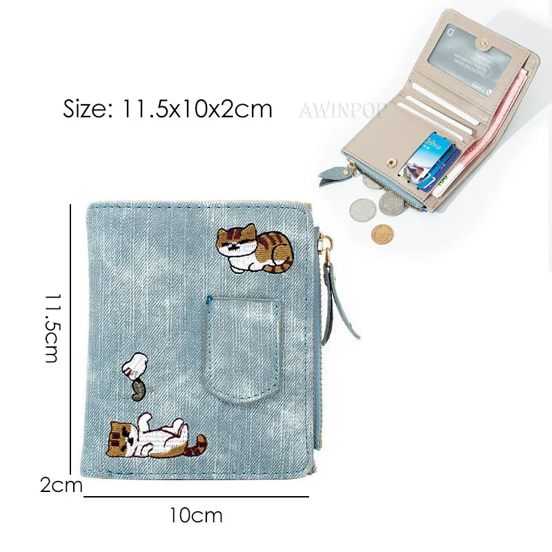 2023 New Women Cat Embroidered Wallet 2 Folding Purse for Girls Mini Hasp Coin Wallet Purse Female Designer Lady Sweet Money Bag
