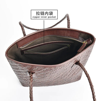 2023 New first layer cowhide woven shoulder bag Vintage leather handmade ladies Tote shopping bag large capacity