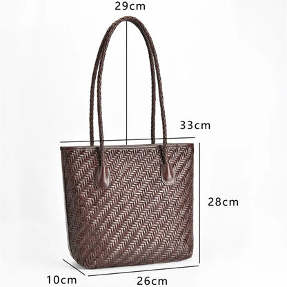 2023 New first layer cowhide woven shoulder bag Vintage leather handmade ladies Tote shopping bag large capacity