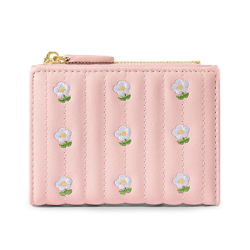 2023 New ins Korean Style Flower Embroidered Wallets for Ladies Mini Short Change Bag Women Multi-functional Card Coins Purse