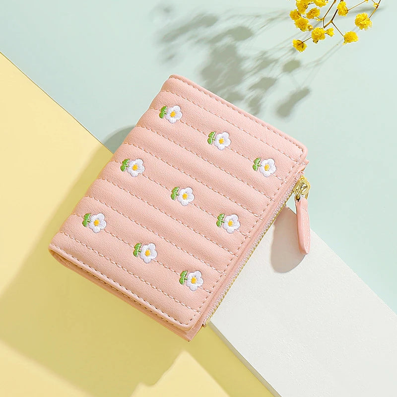2023 New ins Korean Style Flower Embroidered Wallets for Ladies Mini Short Change Bag Women Multi-functional Card Coins Purse
