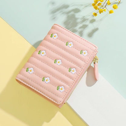 2023 New ins Korean Style Flower Embroidered Wallets for Ladies Mini Short Change Bag Women Multi-functional Card Coins Purse