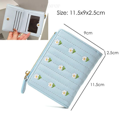 2023 New ins Korean Style Flower Embroidered Wallets for Ladies Mini Short Change Bag Women Multi-functional Card Coins Purse