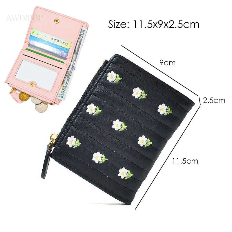 2023 New ins Korean Style Flower Embroidered Wallets for Ladies Mini Short Change Bag Women Multi-functional Card Coins Purse