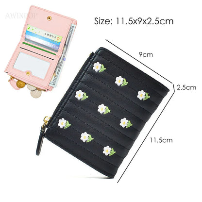 2023 New ins Korean Style Flower Embroidered Wallets for Ladies Mini Short Change Bag Women Multi-functional Card Coins Purse