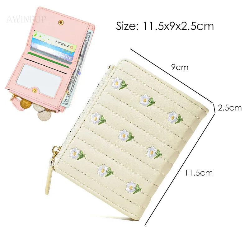 2023 New ins Korean Style Flower Embroidered Wallets for Ladies Mini Short Change Bag Women Multi-functional Card Coins Purse
