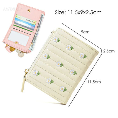 2023 New ins Korean Style Flower Embroidered Wallets for Ladies Mini Short Change Bag Women Multi-functional Card Coins Purse