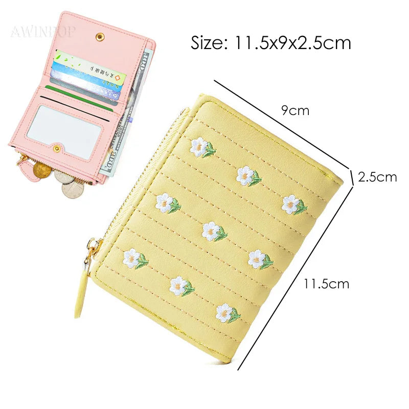 2023 New ins Korean Style Flower Embroidered Wallets for Ladies Mini Short Change Bag Women Multi-functional Card Coins Purse