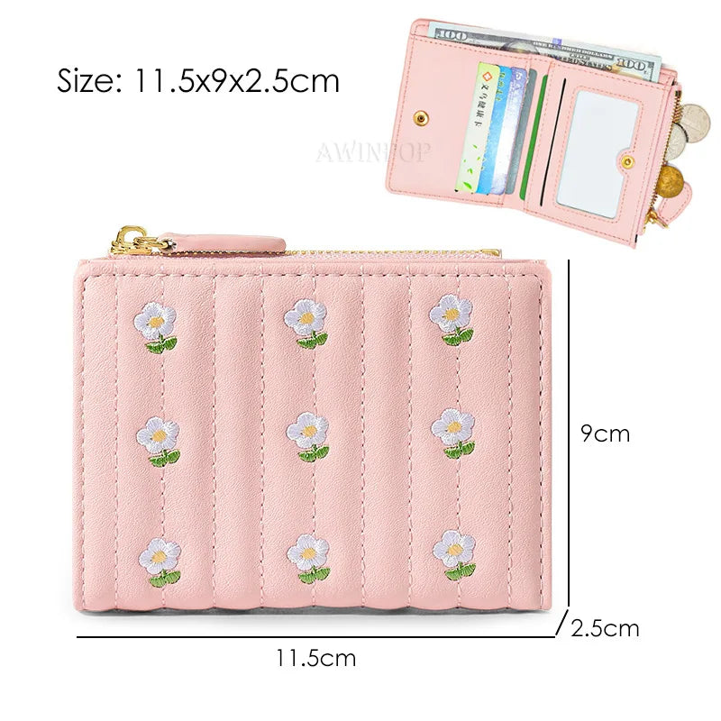 2023 New ins Korean Style Flower Embroidered Wallets for Ladies Mini Short Change Bag Women Multi-functional Card Coins Purse