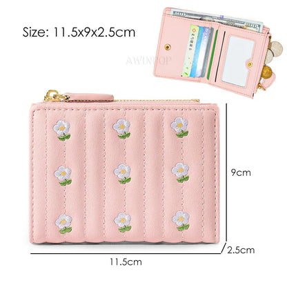 2023 New ins Korean Style Flower Embroidered Wallets for Ladies Mini Short Change Bag Women Multi-functional Card Coins Purse