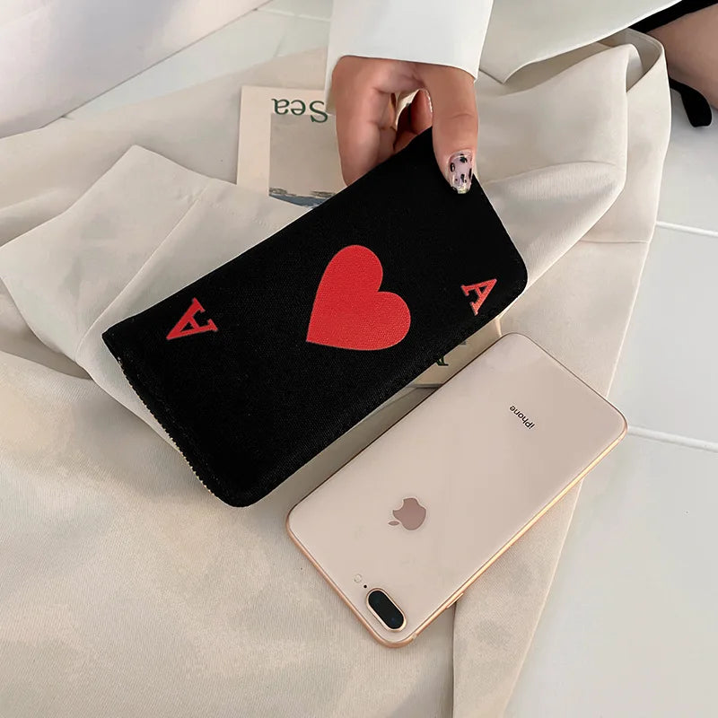 2023 Red Heart A Women Wallets Large Capacity Canvas Lady Purse Handbags Girls Student Zipper Mobile Bag Coins Wallet carteira