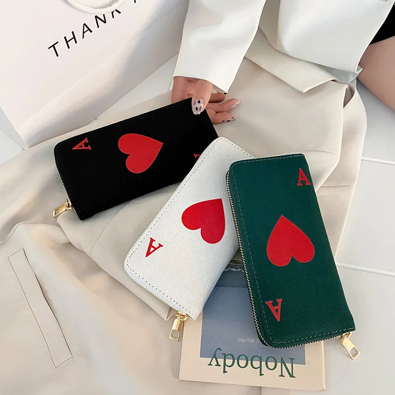 2023 Red Heart A Women Wallets Large Capacity Canvas Lady Purse Handbags Girls Student Zipper Mobile Bag Coins Wallet carteira