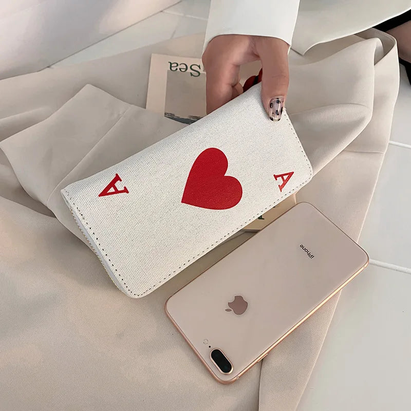 2023 Red Heart A Women Wallets Large Capacity Canvas Lady Purse Handbags Girls Student Zipper Mobile Bag Coins Wallet carteira