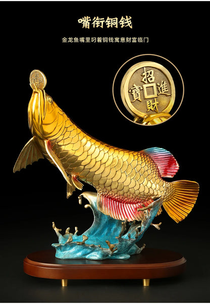 2023 high grade Good luck Dragon golden Fish Wealth Arowana HOME OFFICE BAR CLUB decoration bring wealth money bronze Sculpture