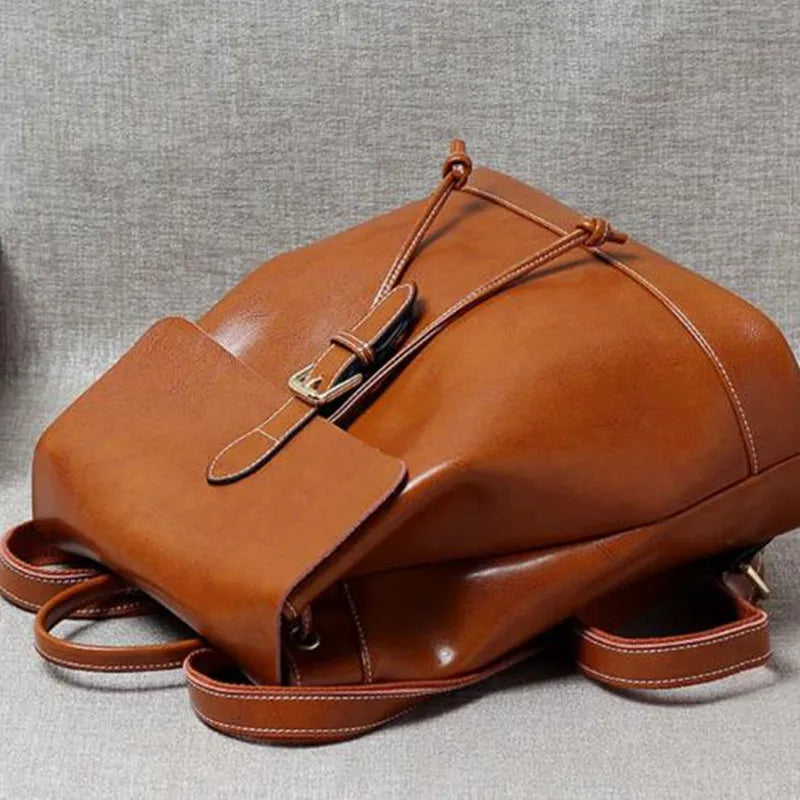 2023 new street trend cowhide solid color backpack leather retro women's unisex backpack