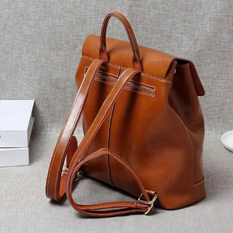 2023 new street trend cowhide solid color backpack leather retro women's unisex backpack