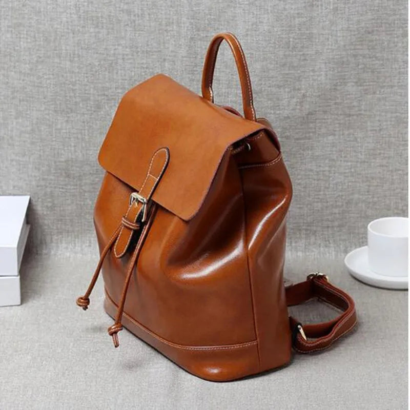 2023 new street trend cowhide solid color backpack leather retro women's unisex backpack