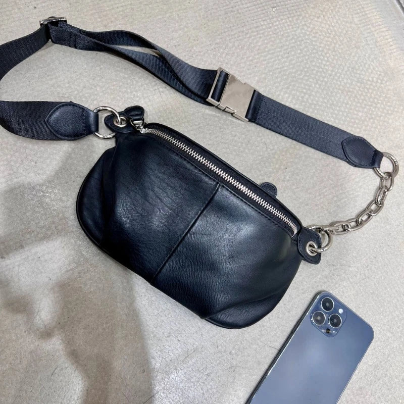2024 Autumn New Genuine Leather Bags for Women Portable Casual Black Crossbody Shoulder Bags Y2k Grunge Women's Handbags