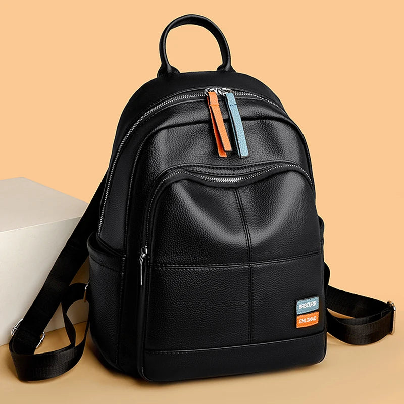 2024 Female Solid Color Leather Backpacks High Quality Ladies Bagpacks Luxury Designer Large Capacity Casual Soft Bag Girls Sac
