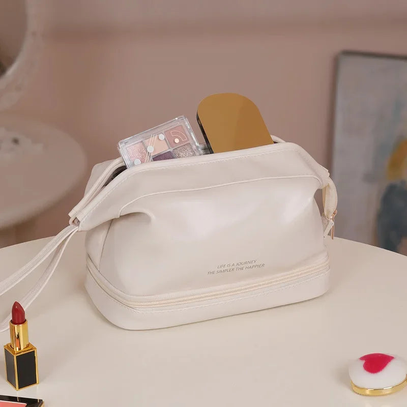 2024 Large Double Layer Travel Makeup Cosmetic Travel Bags,Portable Leather Toiletry Bag Roomy Cosmetic Bag for Women and Girls