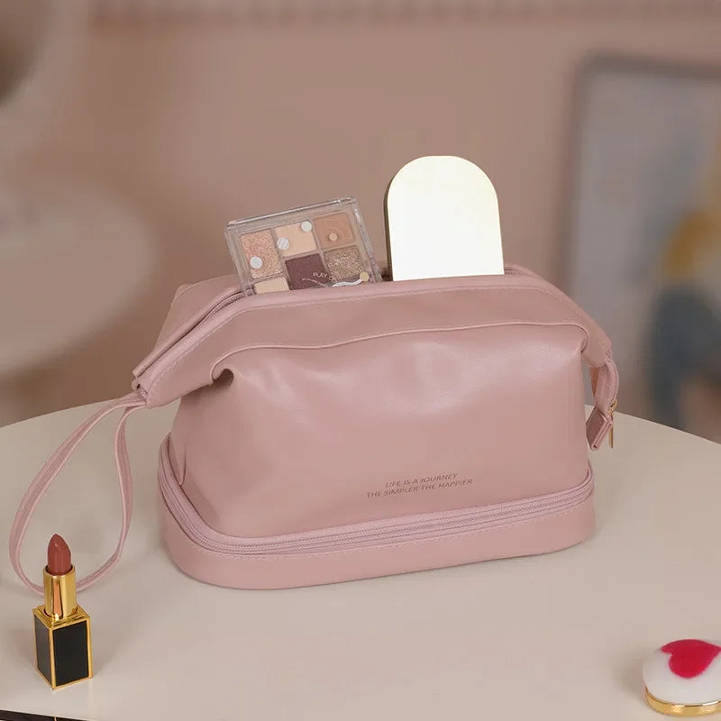 2024 Large Double Layer Travel Makeup Cosmetic Travel Bags,Portable Leather Toiletry Bag Roomy Cosmetic Bag for Women and Girls