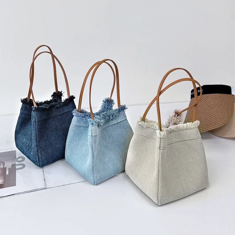 2024 Minority Simple Denim Canvas Bags Large Capacity Portable Bucket Bag Fashion All-match Bolsos Mujer Chic Purses Clutch