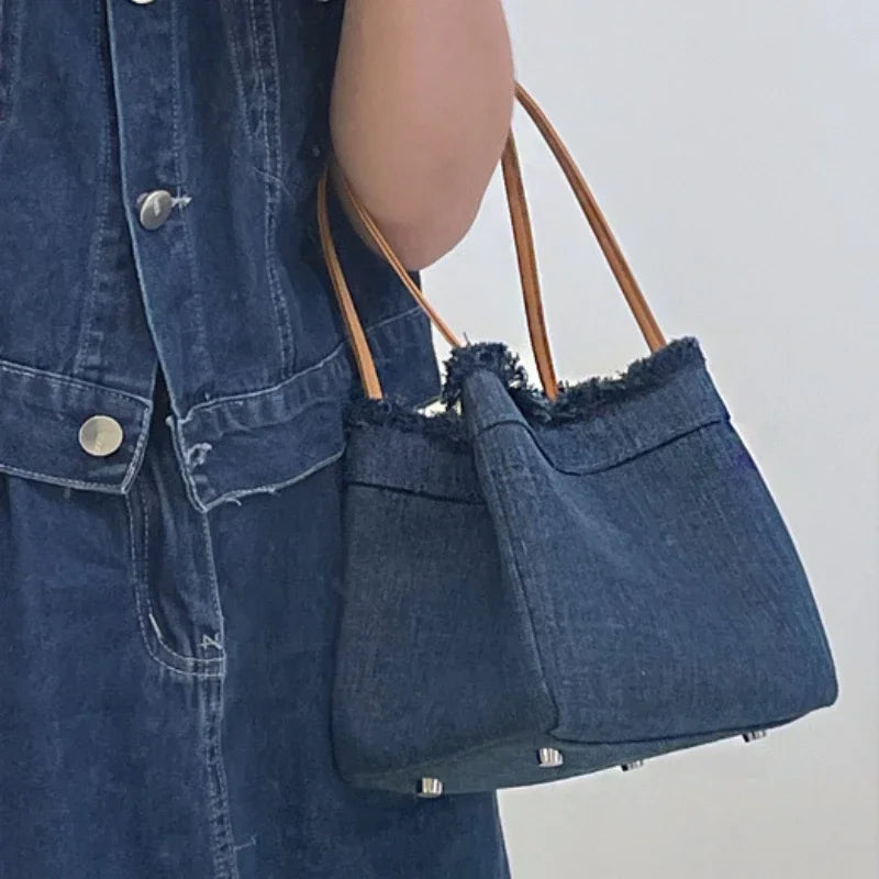 2024 Minority Simple Denim Canvas Bags Large Capacity Portable Bucket Bag Fashion All-match Bolsos Mujer Chic Purses Clutch