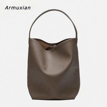 2024 Motingsome Soft Cowhdie Minimalism Women Bucket Bag Elegant French Style Lady Large Tote Bag Luxury Thick Real Leather Bag