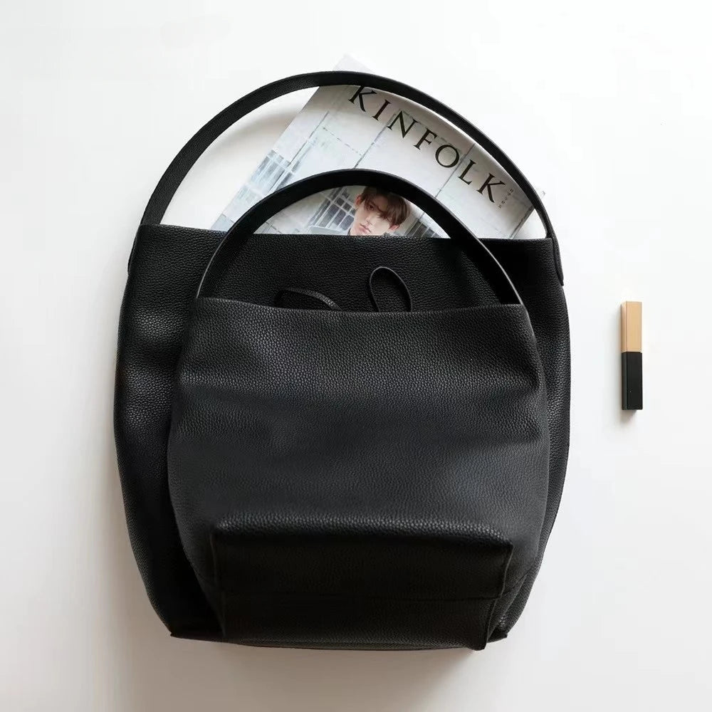 2024 Motingsome Soft Cowhdie Minimalism Women Bucket Bag Elegant French Style Lady Large Tote Bag Luxury Thick Real Leather Bag
