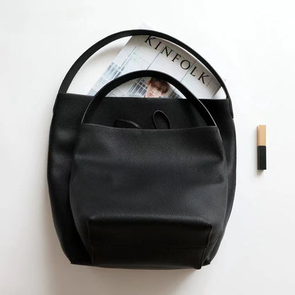 2024 Motingsome Soft Cowhdie Minimalism Women Bucket Bag Elegant French Style Lady Large Tote Bag Luxury Thick Real Leather Bag