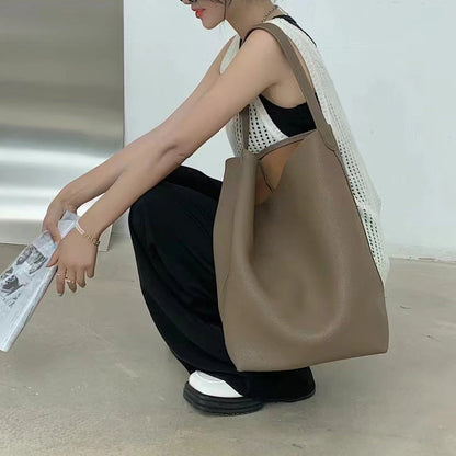 2024 Motingsome Soft Cowhdie Minimalism Women Bucket Bag Elegant French Style Lady Large Tote Bag Luxury Thick Real Leather Bag