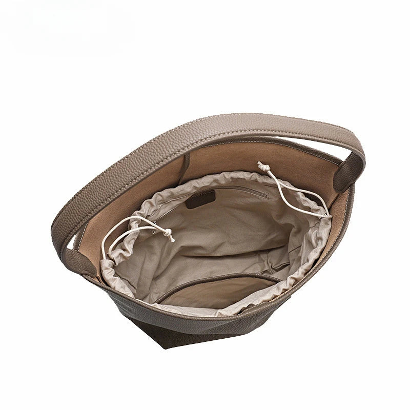 2024 Motingsome Soft Cowhdie Minimalism Women Bucket Bag Elegant French Style Lady Large Tote Bag Luxury Thick Real Leather Bag