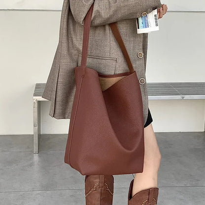 2024 Motingsome Soft Cowhdie Minimalism Women Bucket Bag Elegant French Style Lady Large Tote Bag Luxury Thick Real Leather Bag