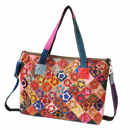2024 Multi-color Cowhide Patchwork Handbags Argyle Floral Fashion Large Capacity Crossbody Shoulder Bag Retro Designer Tote