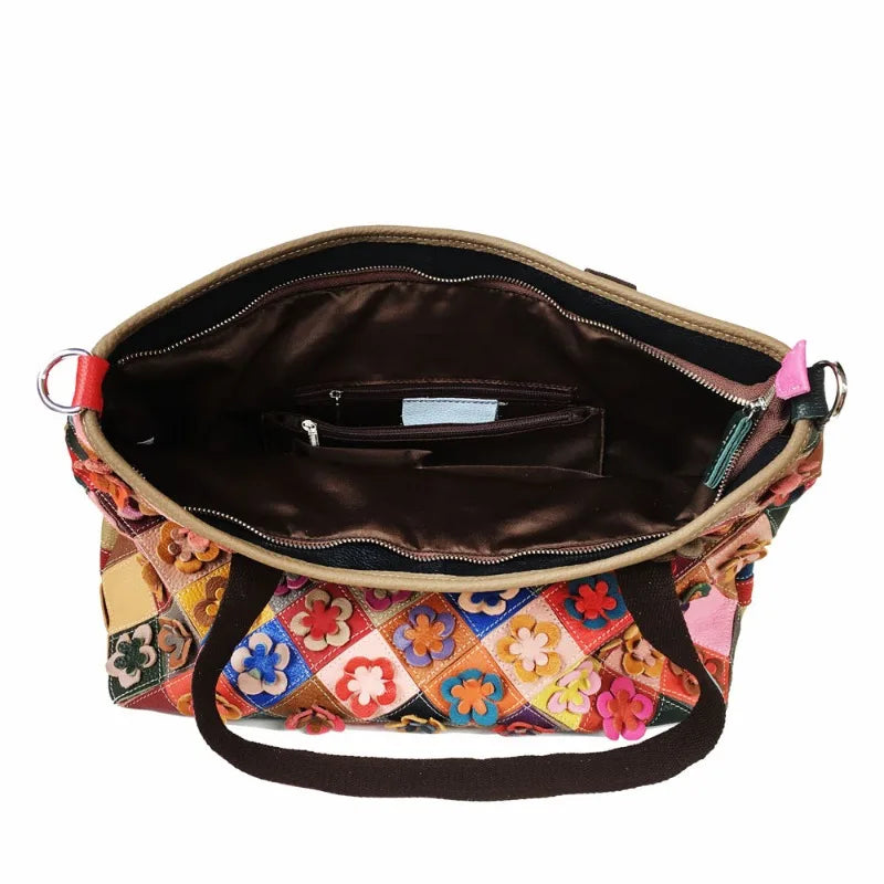 2024 Multi-color Cowhide Patchwork Handbags Argyle Floral Fashion Large Capacity Crossbody Shoulder Bag Retro Designer Tote