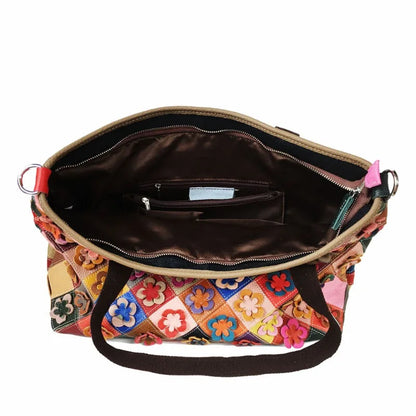 2024 Multi-color Cowhide Patchwork Handbags Argyle Floral Fashion Large Capacity Crossbody Shoulder Bag Retro Designer Tote