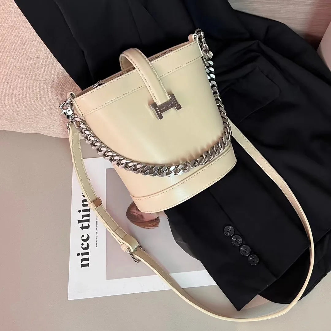 2024 New Candy Color H-Button Spliced Chain Single Shoulder Crossbody French fries Bag Simple and Casual Trendy Bucket Bag