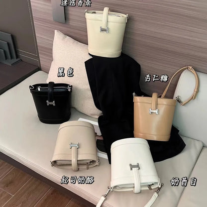 2024 New Candy Color H-Button Spliced Chain Single Shoulder Crossbody French fries Bag Simple and Casual Trendy Bucket Bag