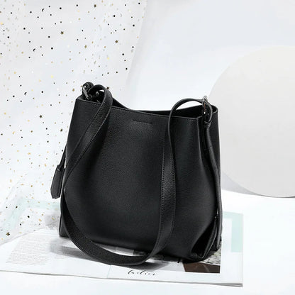 2024 New Cowhide Genuine Leather Bucket Bag Simple Large Capacity Elegant Commuter Shoulder Bags Luxury Solid Color Tote Purses