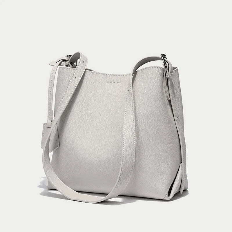2024 New Cowhide Genuine Leather Bucket Bag Simple Large Capacity Elegant Commuter Shoulder Bags Luxury Solid Color Tote Purses