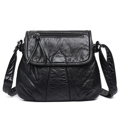 2024 New Fashion Black Small WomenSoft Washed PU Leather Crossbody Female Handbag Purse Women's Casual Double-Decker Bag