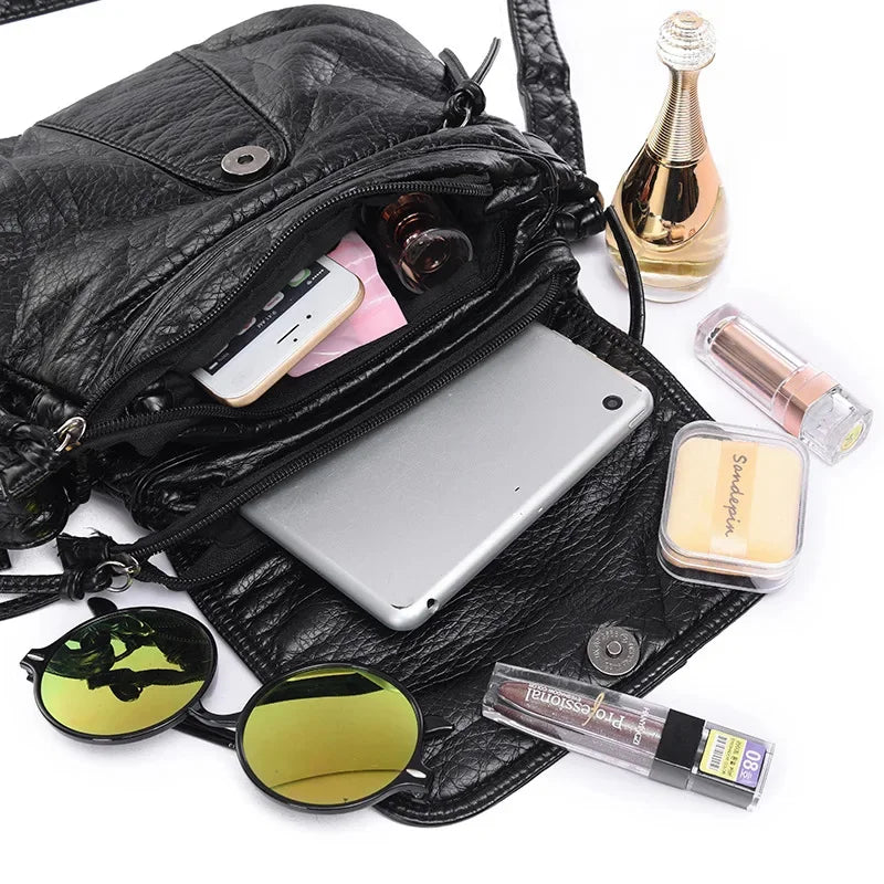 2024 New Fashion Black Small WomenSoft Washed PU Leather Crossbody Female Handbag Purse Women's Casual Double-Decker Bag