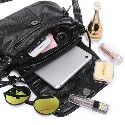 2024 New Fashion Black Small WomenSoft Washed PU Leather Crossbody Female Handbag Purse Women's Casual Double-Decker Bag
