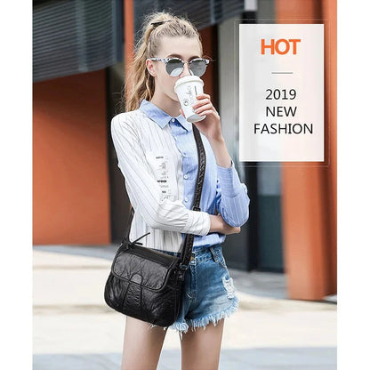2024 New Fashion Black Small WomenSoft Washed PU Leather Crossbody Female Handbag Purse Women's Casual Double-Decker Bag