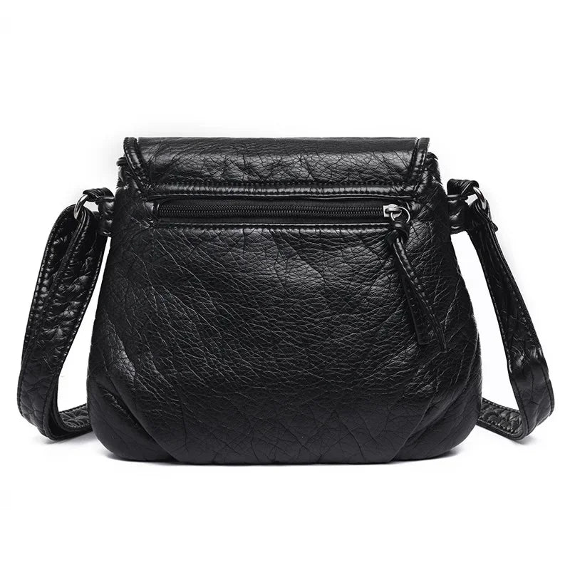 2024 New Fashion Black Small WomenSoft Washed PU Leather Crossbody Female Handbag Purse Women's Casual Double-Decker Bag