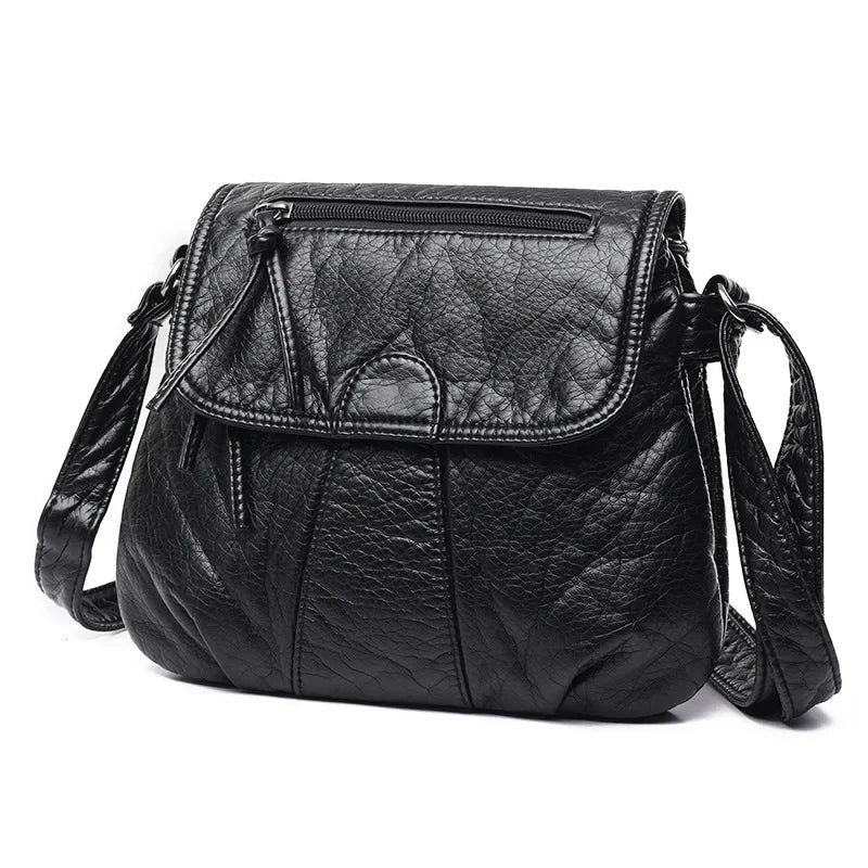 2024 New Fashion Black Small WomenSoft Washed PU Leather Crossbody Female Handbag Purse Women's Casual Double-Decker Bag