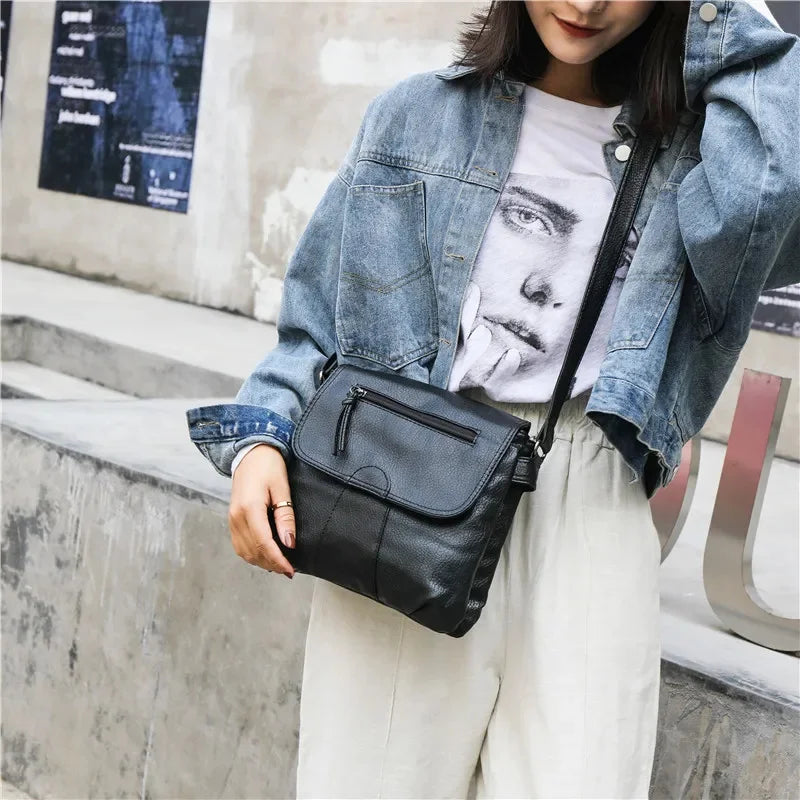 2024 New Fashion Black Small WomenSoft Washed PU Leather Crossbody Female Handbag Purse Women's Casual Double-Decker Bag